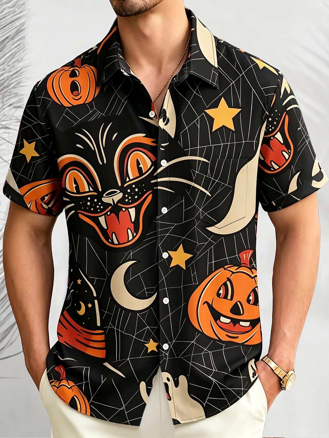 Men's Shirt Short Sleeve Halloween Pumpkin Cat Ghost Graphic Print Turn Down Collar Casual Streetwear Holiday Top Men Clothes