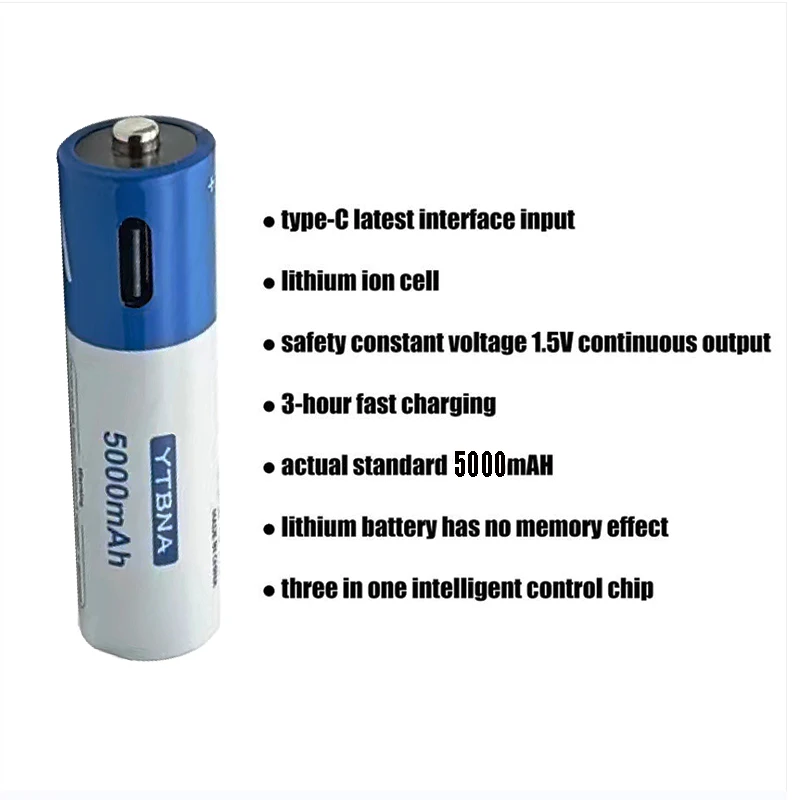 Original USB AA Rechargeable Batteries 1.5V 5000 mAh Li-ion Battery For Remote Control Mouse Electric Toy Battery + Type-C Cable