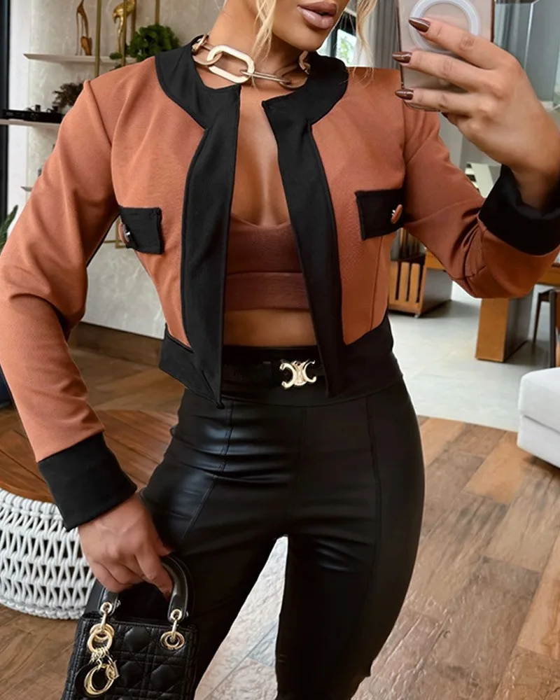 Spring Women 2 Pieces Outfit Colorblock Open Front Cropped Jacket with Spaghetti Strap Bandeau