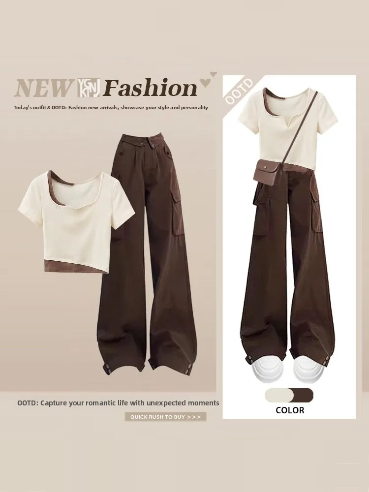 

Korean Lazy Style Color Block Short Sleeve Wide Leg Workwear Pants Women's Slimming Casual Two-Piece Set Summer T-Shirt