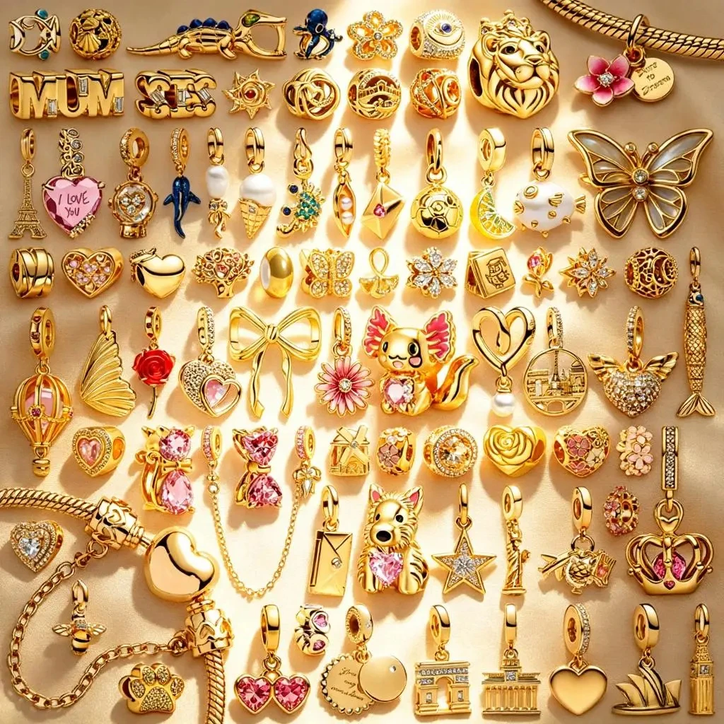 New Gold Plated Charm DIY Jewelry Gifts Eiffel Tower Pink Pet Dog Blue Octopus Butterfly Beads Fit Original 925 Silver Bracelets