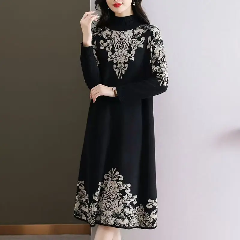 여성을 위한 한국 패션 프린트 니트 풀오버 가을 겨울 캐시미어 두꺼운 따뜻한 스웨터 드레스 2025 우아한 루즈 프로무 드레스