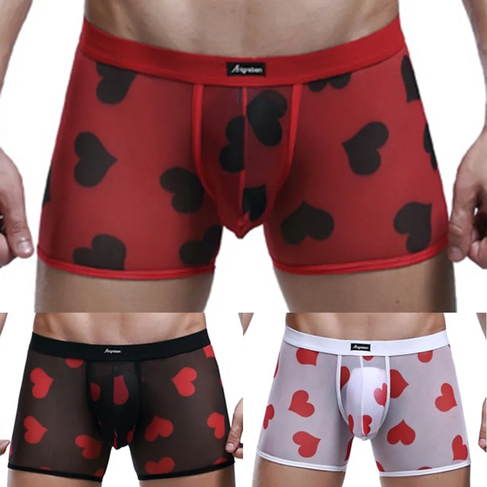 سراويل رجالية قابلة للتنفس ، سراويل داخلية بجراب منتفخ ، سراويل داخلية مثيرة ، شفافة ، بطباعة قلب الخوخ ، شورت شبكي ، الأشرطة المطاطية ، الذكور