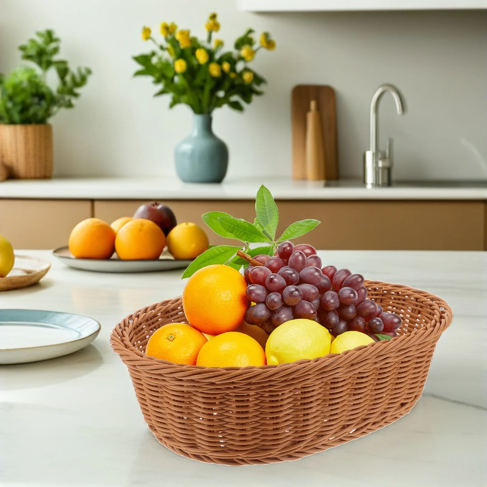 

Creative Fruit Basket Kitchen Counter Snack Woven Storage Produce Baskets Khaki Organizer Plastic Rattan Bread Tray