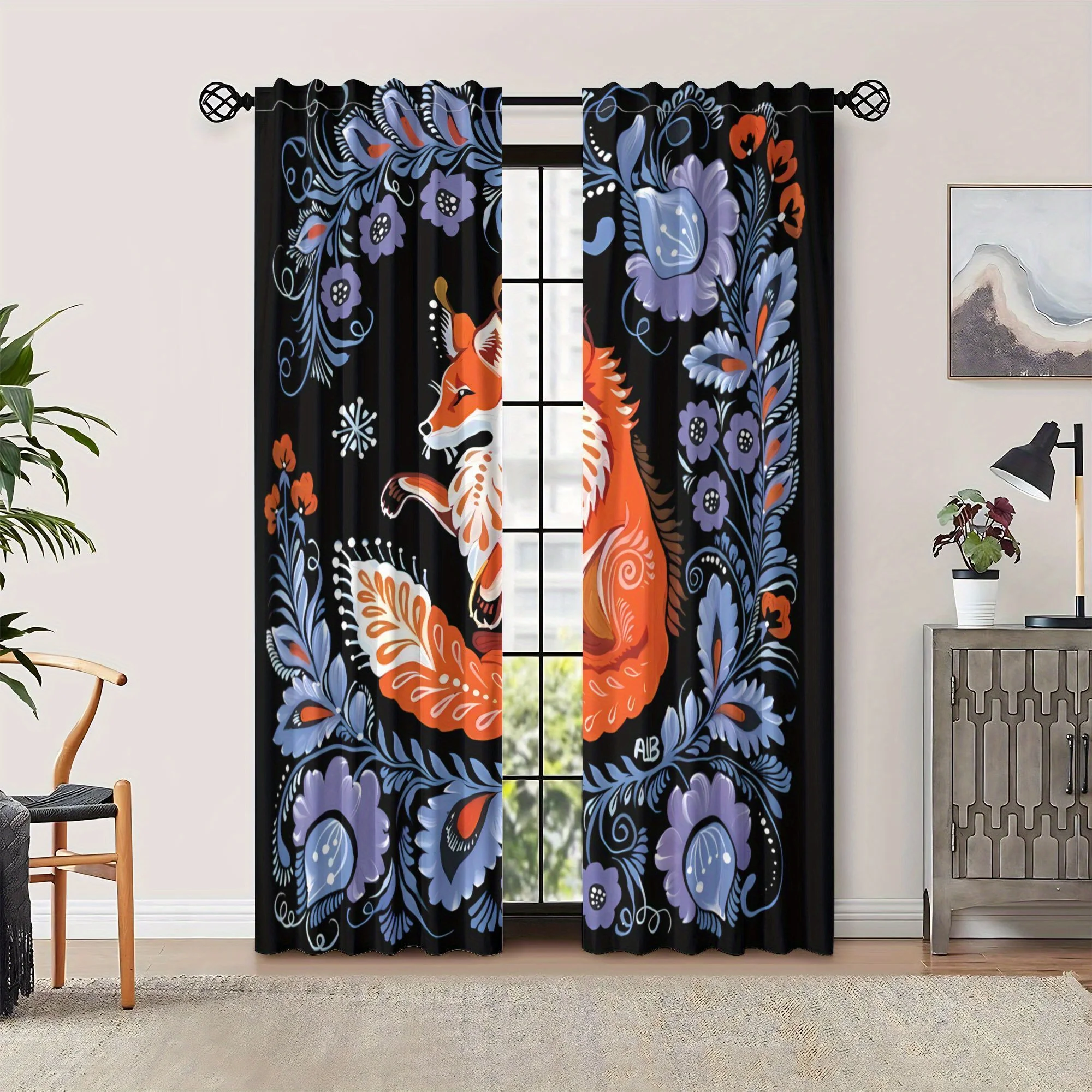 Vintage Folk Art Fox Curtain - Light Blocking Window Drapes with Floral & Fox Motif in Orange/Blue/Purple/Black, Machine Washabl