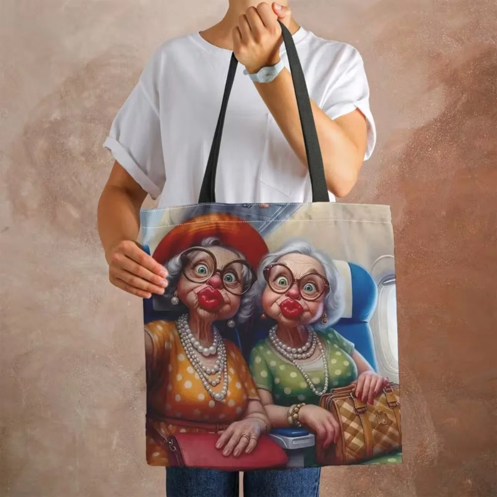 Funny Old Ladies Airplane Selfie Tote Bag Humorous Senior Best‑friends Canvas Shoulder Bag Travel Reusable Shopping Handbag