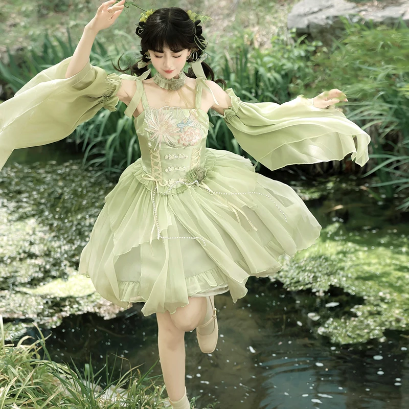 สไตล์จีน Lolita หวานสีเขียว Princess Fairy Feather แขนสด Suspender ชุดญี่ปุ่น Rojita ชุดสําหรับเสื้อผ้าสตรี