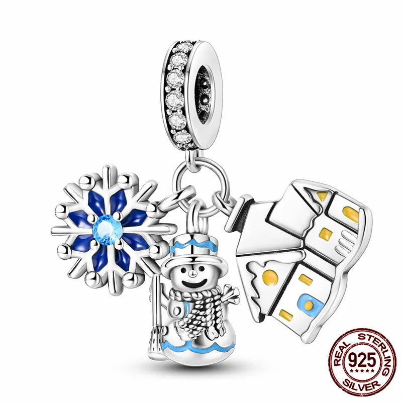 

S925 sterling silver snowflake and snowman charm beads, perfect for creating original bracelets; a great DIY jewelry gift for