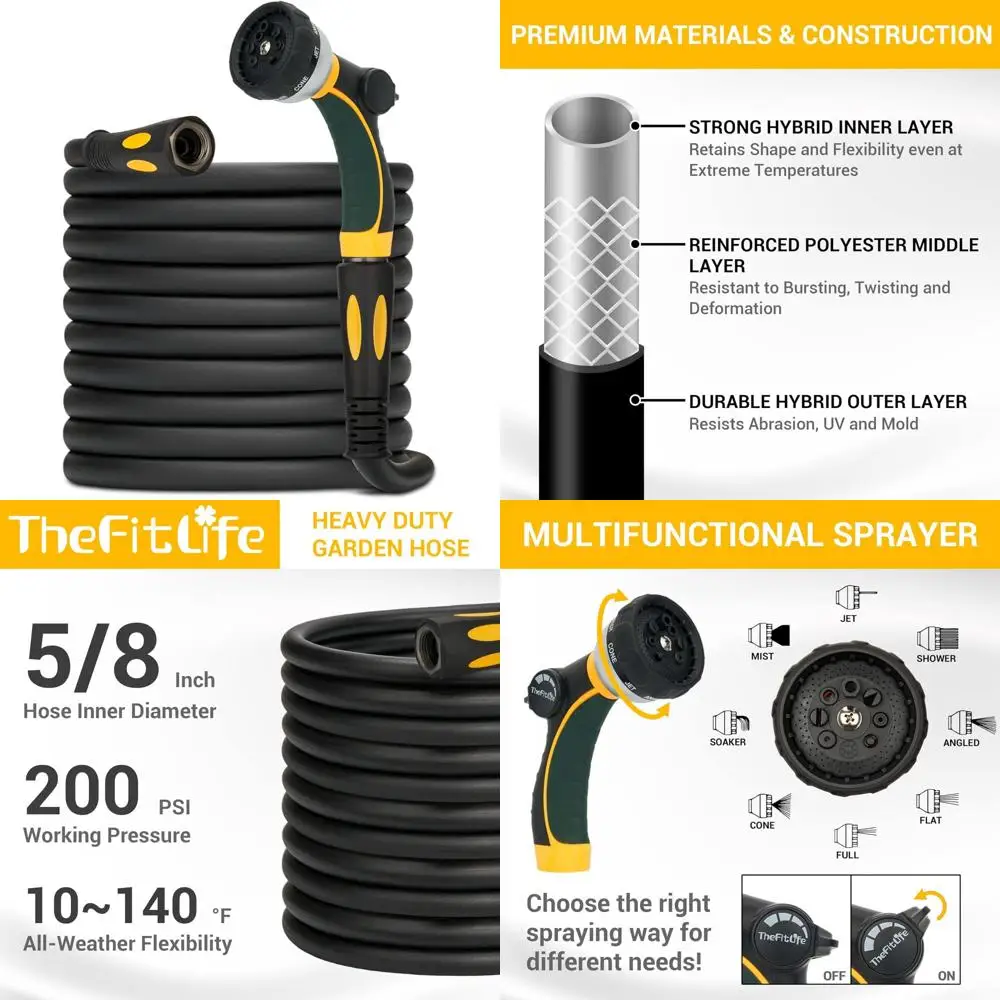 

Flexible Heavy-Duty Kink-Resistant Water Hose with Soft Grip Handle and 8-Function Nozzle - Durable, Strong, and Garden-Friendly