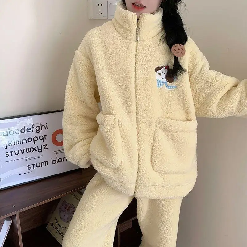 

2025 Winter New Women's Long Plush Zipper Stand Up Collar Cartoon Thickened Warmth Outerwear Home Clothing Set Pajama Set Girl
