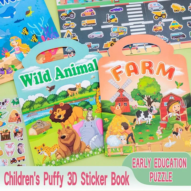 Reusable Cartoon Sticker Book for Kids Multiple Scenarios Cartoon DIY Puzzle Educational Learning Classic Toys for Kids 3-6Y
