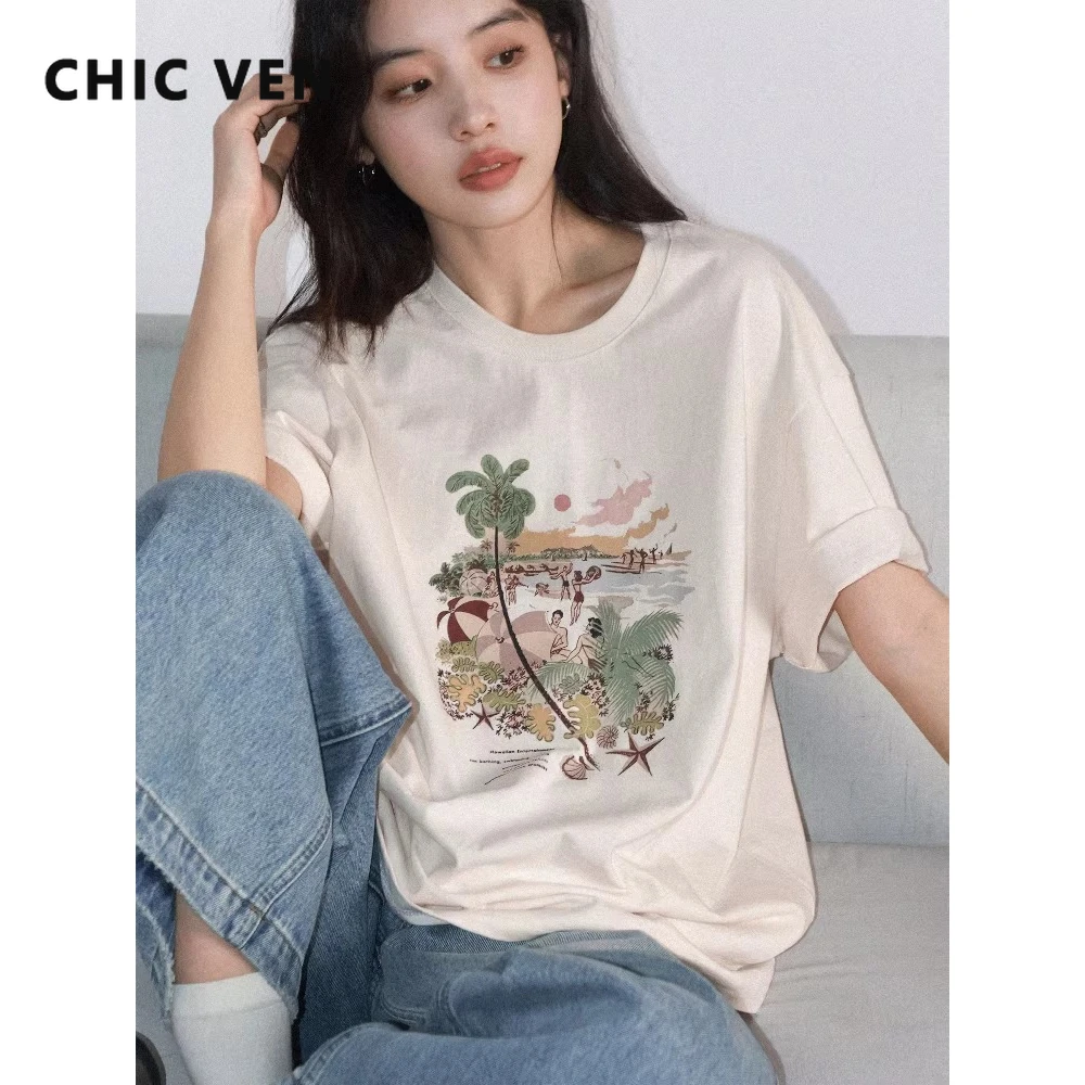 

CHIC VEN Fashion Women T-Shirts Loose Casual O Neck Cotton Vacation Retro Printed Short Sleeved Female Top Spring Summer 2026