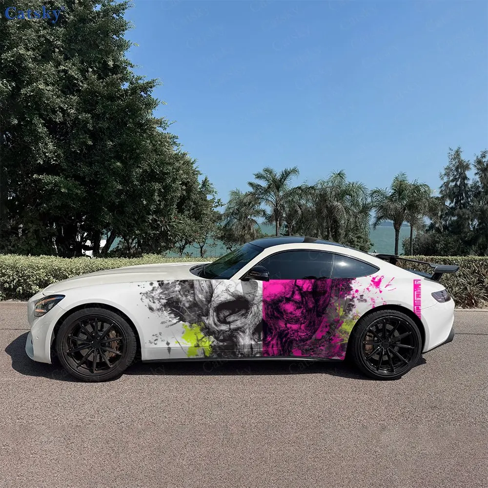 2pcs Neon Splatter Skull Car Side Wraps, Self-Adhesive PVC Waterproof & Scratch-Resistant Stickers, Car Accessory Gift