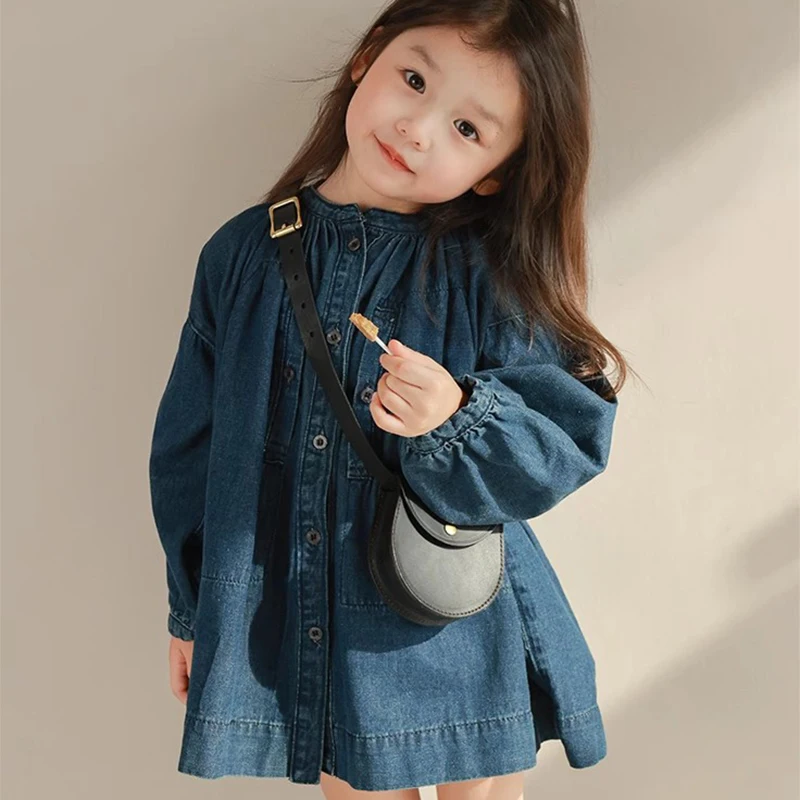 Autumn New Girls' Shirt Standing Neck Single Breasted Washed Denim Dress Spring Girls Fashion Kids Outfit Dresses For Girls Baby