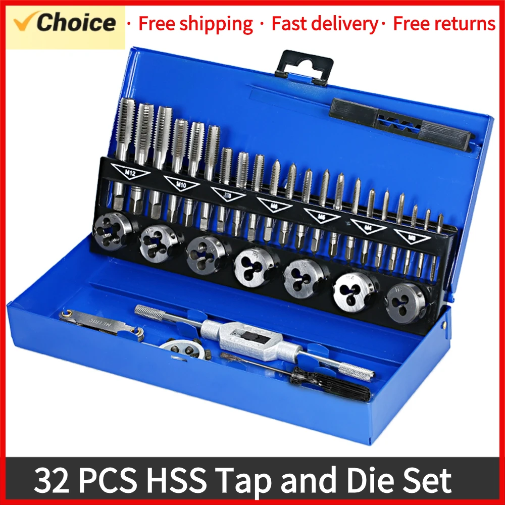 32 PCS Tap and Die Set Metric Wrench Cut M3-M12 Hand Threading Tool Tungsten Carbide Tap Die Screw Thread Making Tool Bit Set