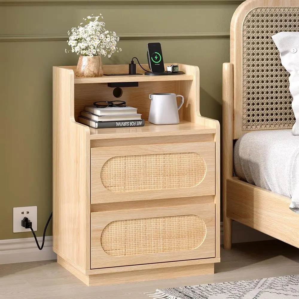 

Woven Rattan Nightstand with Charging Port, Bohemian Style Bedside Table with Drawers and Shelves