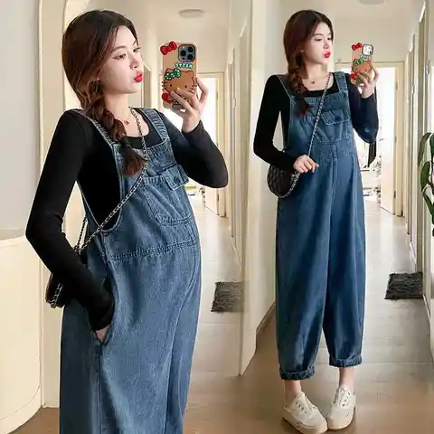 Vintage Denim Maternity Jeans Clothes for Pregnant Women 2024 Spring New Wide Leg Loose Pregnancy Overalls Pants Jumpsuits