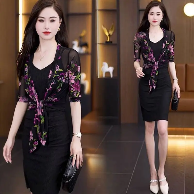 

Summer Thin Women's Clothing Printing Cardigan Ladies Vintage Temperament Coat New Korean Sunscreen Shirt Net Yarn Blouses XQ48