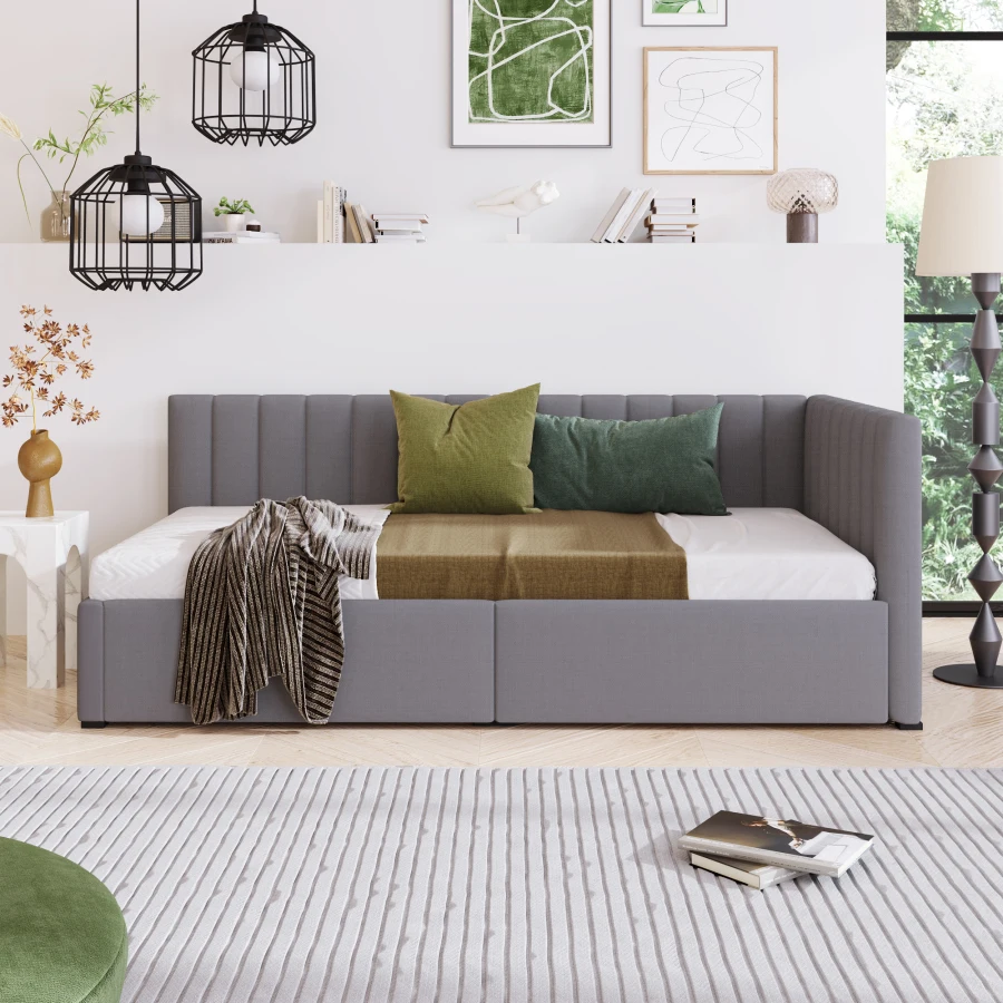 Upholstered Daybed with 2 Storage Drawers Twin Size Sofa Bed Frame No Box Spring Needed, Linen Fabric (Gray)