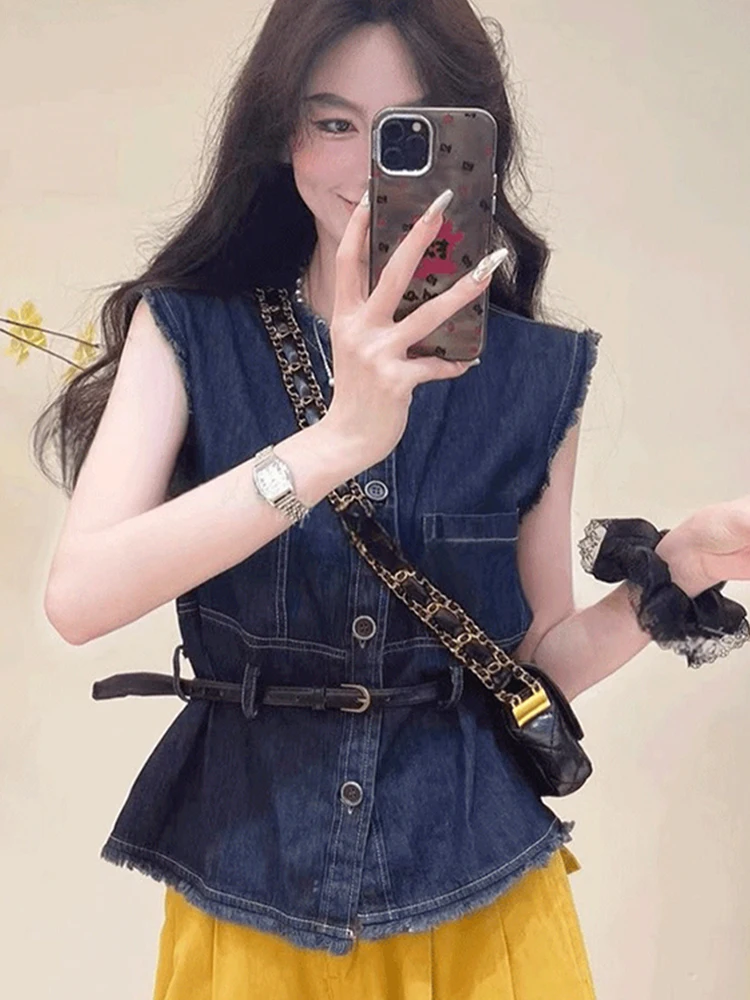 Sommer Neue Denim irt frauen Lose Svel Reine Farbe Weste Design Sinn Kleine Top Koreanische Sle Gerade Rohr Taste