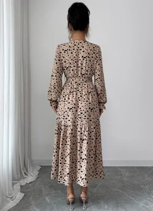 

Autumn 2025 Elegant Polka Dot Lace Up Long Sleeved Dress with Ladies' Temperament Elegant V-Neck Lace Collar Cinched Waist Dress