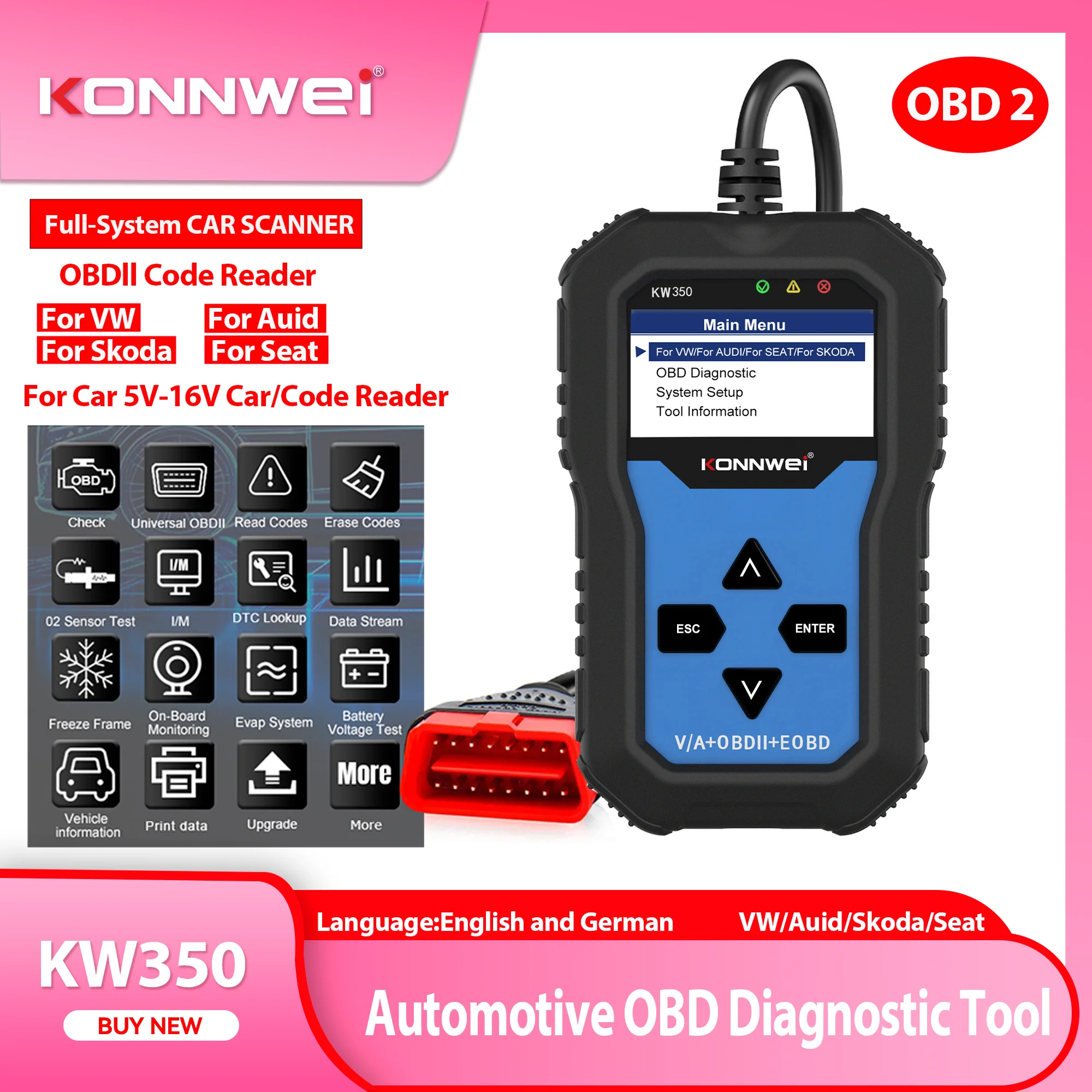 KONNWEI KW350 Full Systems OBD2 Car Diagnostic Tool OBD Scanner VAG VW Audi ABS Airbag Reset Oil Service Light EPB Diagnostic