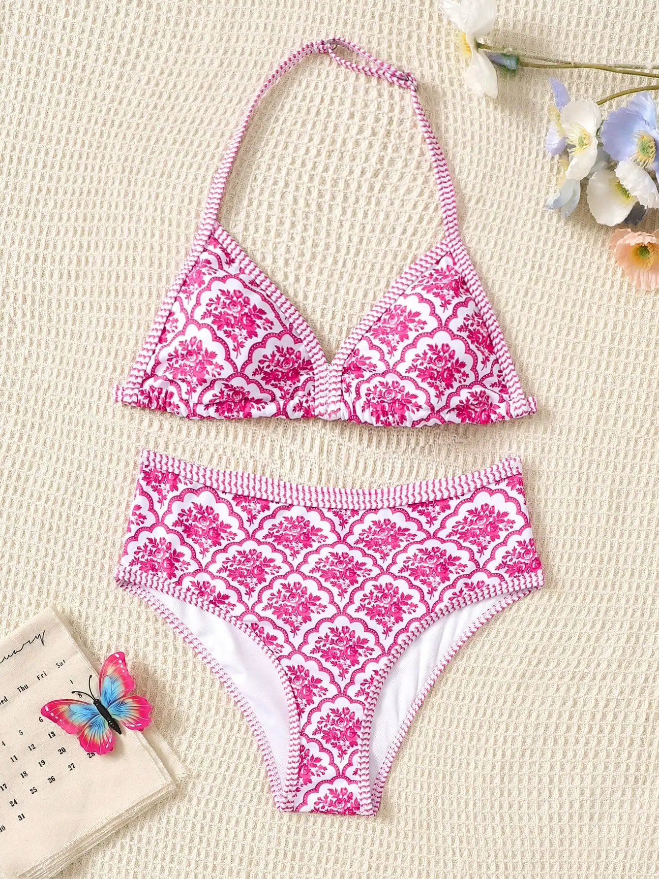 

Retro Floral Halter Triangle Bikini Set High Waist Women Summer Beach Swimwear