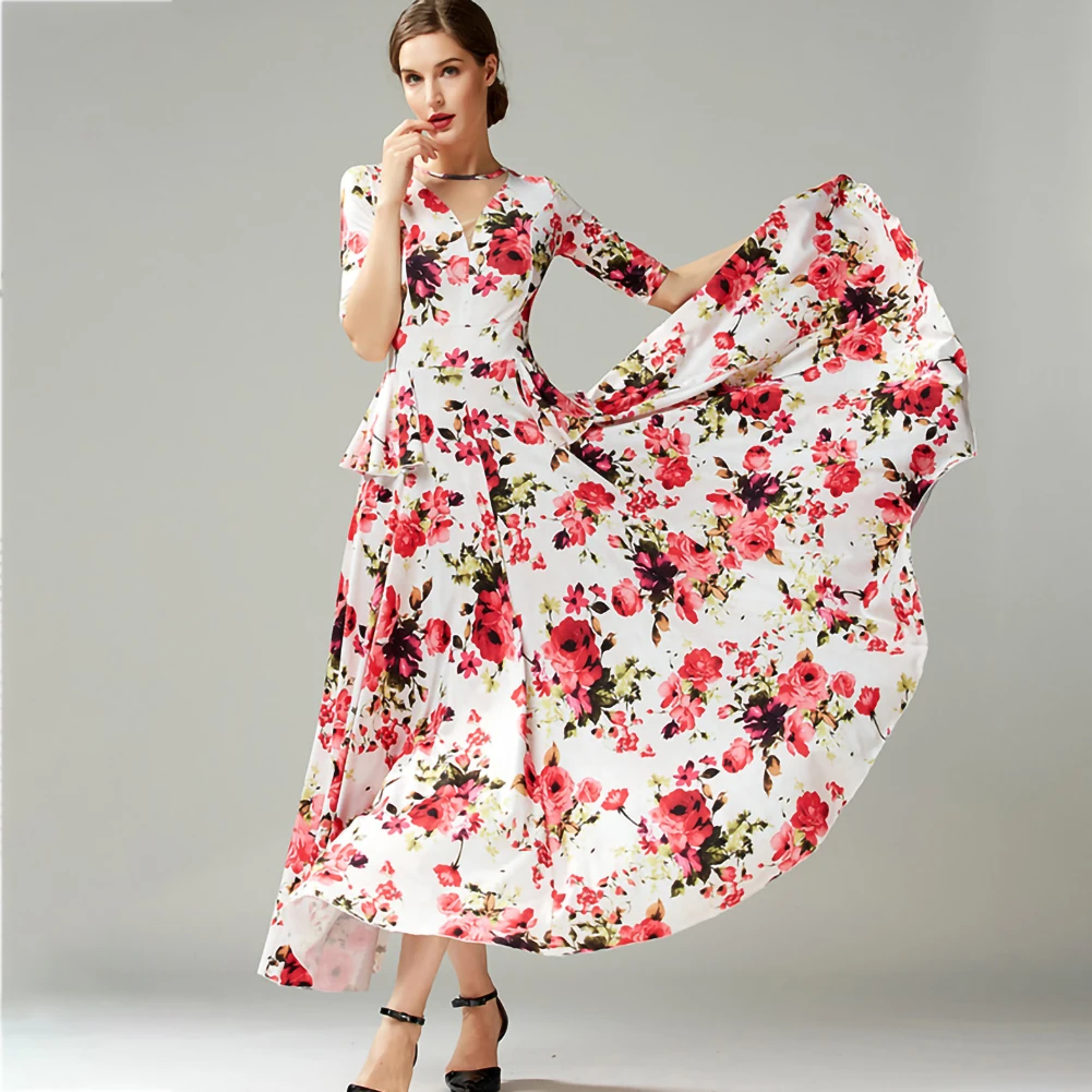 Costume da valzer Abito lungo nero Occasioni formali Manica corta Flamenco Girocollo Sala da ballo Abito da spettacolo blu