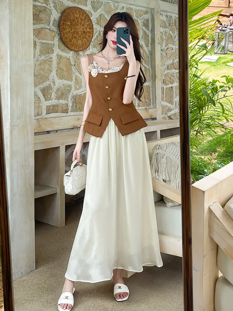 Fashion 3D Flowers Vest Top + Long Skirt Two Piece Set Conjuntos Cortos High Quality Small Fragrant 2 Piece Sets Woman Outfit
