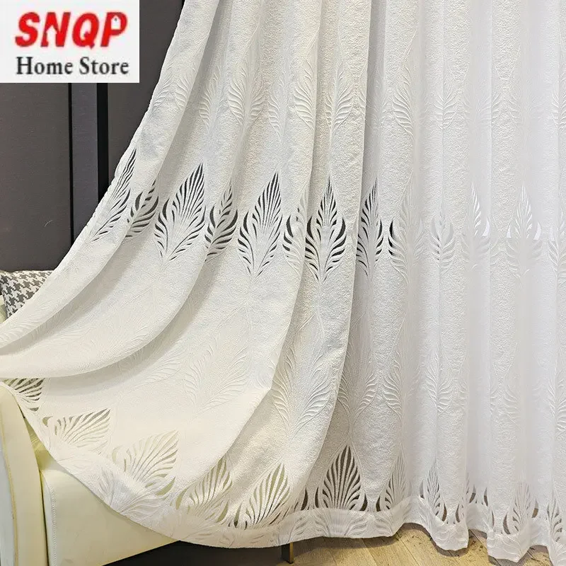 

White Tulle Curtains for Living Room Dining Bedroom Nordic Modern Minimalist Hollow Leaf Balcony Windows Embroidery Jacquard