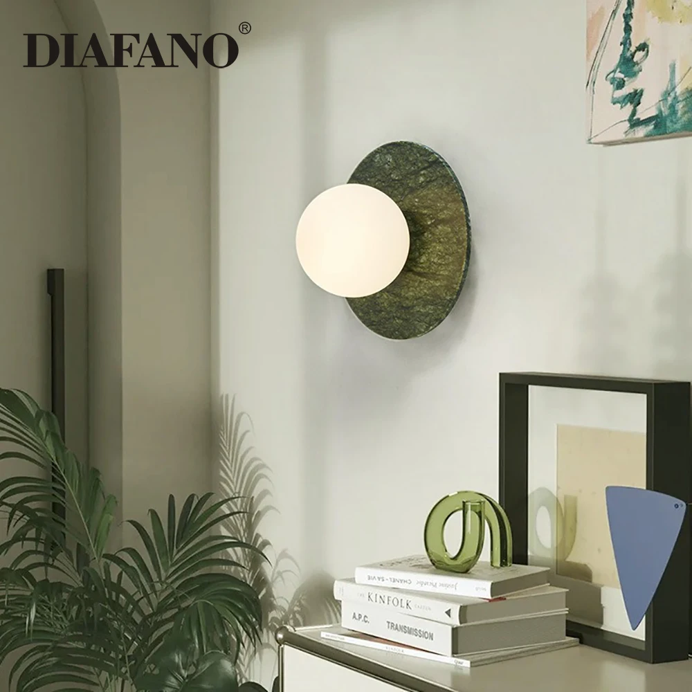 Luxury Green Marble Wall Lamp Led Living Room Home Deco Circular Wall Lights Foyer Bedside Hotel Corridor Sconce G9 Lighting 