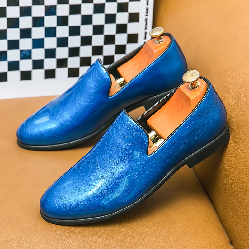 

Luxury Glitter Men's Patent Leather Shoes Fashion Glossy Elegant Dress Loafers Shoes For Men Trend Slip-on Blue Social Shoe Male