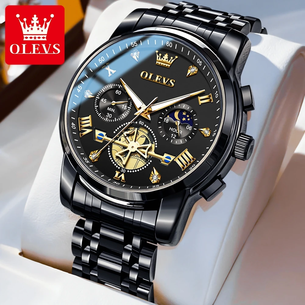OLEVS 2856 Original Moon Phase Quartz Watch for Men Flywheel Design Chronograph Waterproof Luminous Calendar Men's Wristwatches