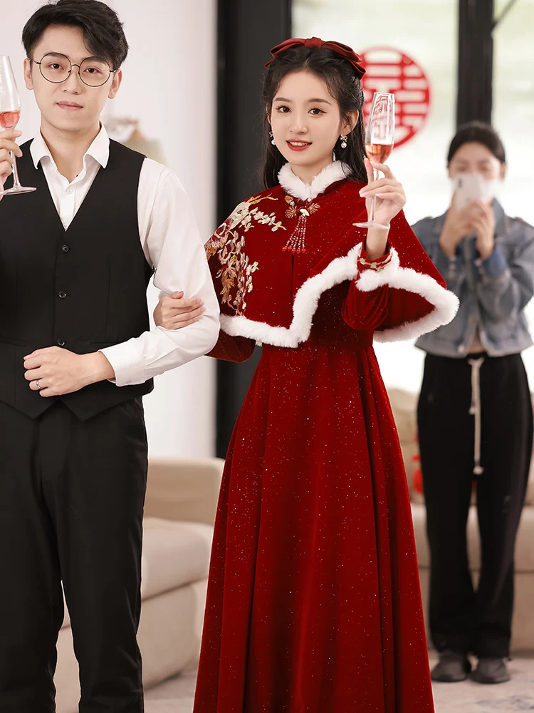 

Winter Wedding Dr Women's Long Sve Floed Chinese Sle Wedding Dr Princ Sle mid Waist Zipper Ba