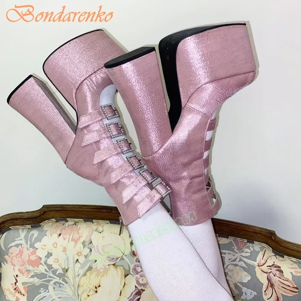 

Сандалии на толстой подошве с блестящими пряжками Сапоги с круглым носком на платформе Массивные высокие каблуки с однотонными ремешками Кристалл Летняя вечеринка Дизайнерский большой размер