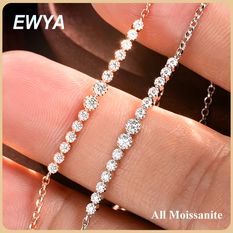 EWYA Dainty Graduated Round Cut Moissanite Link Bracelets Women S925 Silver 0.24cttw All Lab Diamond Stackable Chain Bracelet