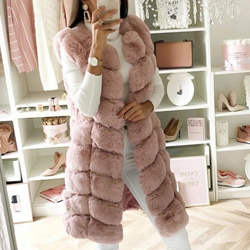 Autumn Faux Fox Fur Vest For Women 90cm Long Sleeveless Jacket Fur Waistcoat Fashion Slim Outerwear Luxury Gilet Vest Streetwear