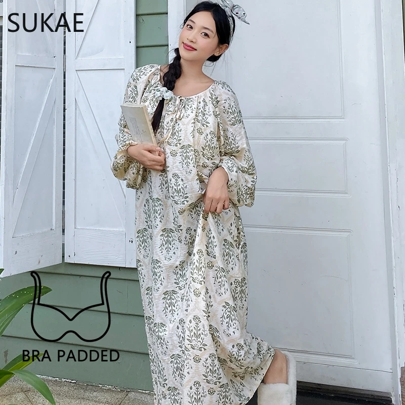 SUKAE Cotton Nightgowns for Women Autumn New Elegant Nightwear Stylish Sleepshirt Lady Long Gowns Fashion Casual Chic Girl Dress