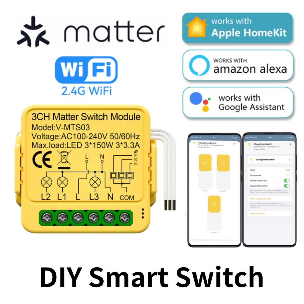 For Homekit Matter WiFi Smart Switch 16A Smart Home Automation Relay Module Works with Siri Smartthings Alexa Google 1/2/3CH