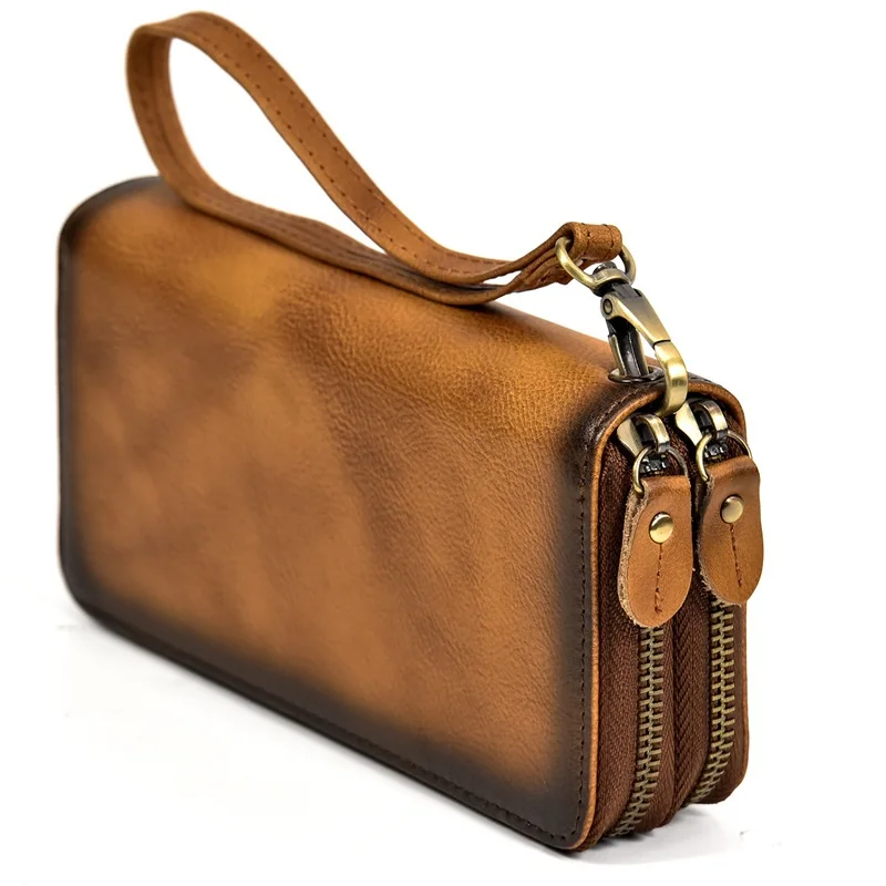Large Real Cow Leather Wallet Men Doulbe Zipper Genuine Leather Wallet Male Long Cell Phone and Cards Clutch Bag