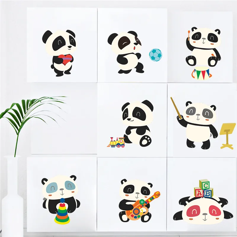 Cartoon Pandas Wall Stickers For Kindergarten Kids Room Home Decoration Diy Animal Mural Art Vivid 3d Pvc Decal Safari Poster