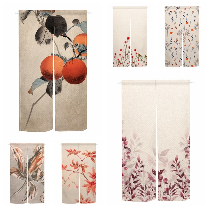 Nature Floral Noren Door Curtains Flower Leaf Patterns Printed Linen Doorway Curtains Home Decor Kitchen Entrance Half Curtains