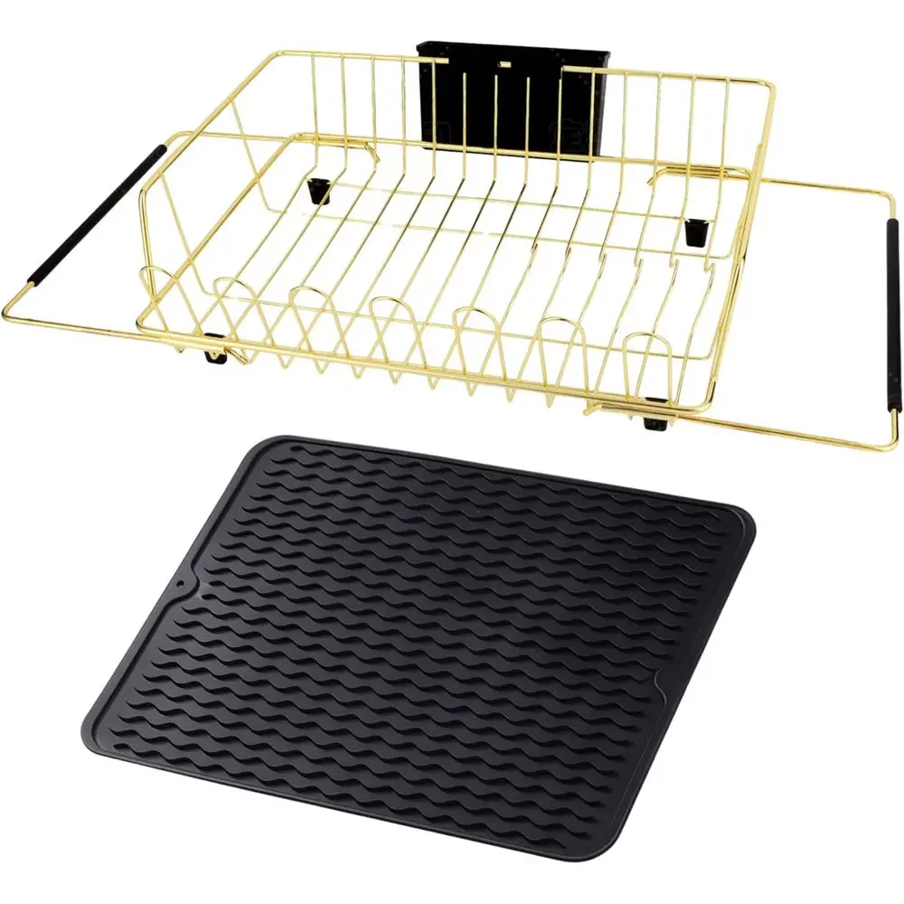 

n Expandable Dish Drying Rack with Silicone Drying Mat-Extra Large StainlSteel Dish Drainer Over The Sink with Utensil Holder, A