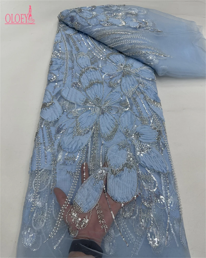 OLOEY Luxury Beaded Lace Fabric for Bridal Wedding Dress High Quality 5 Yards French Net Sequined African Sequined