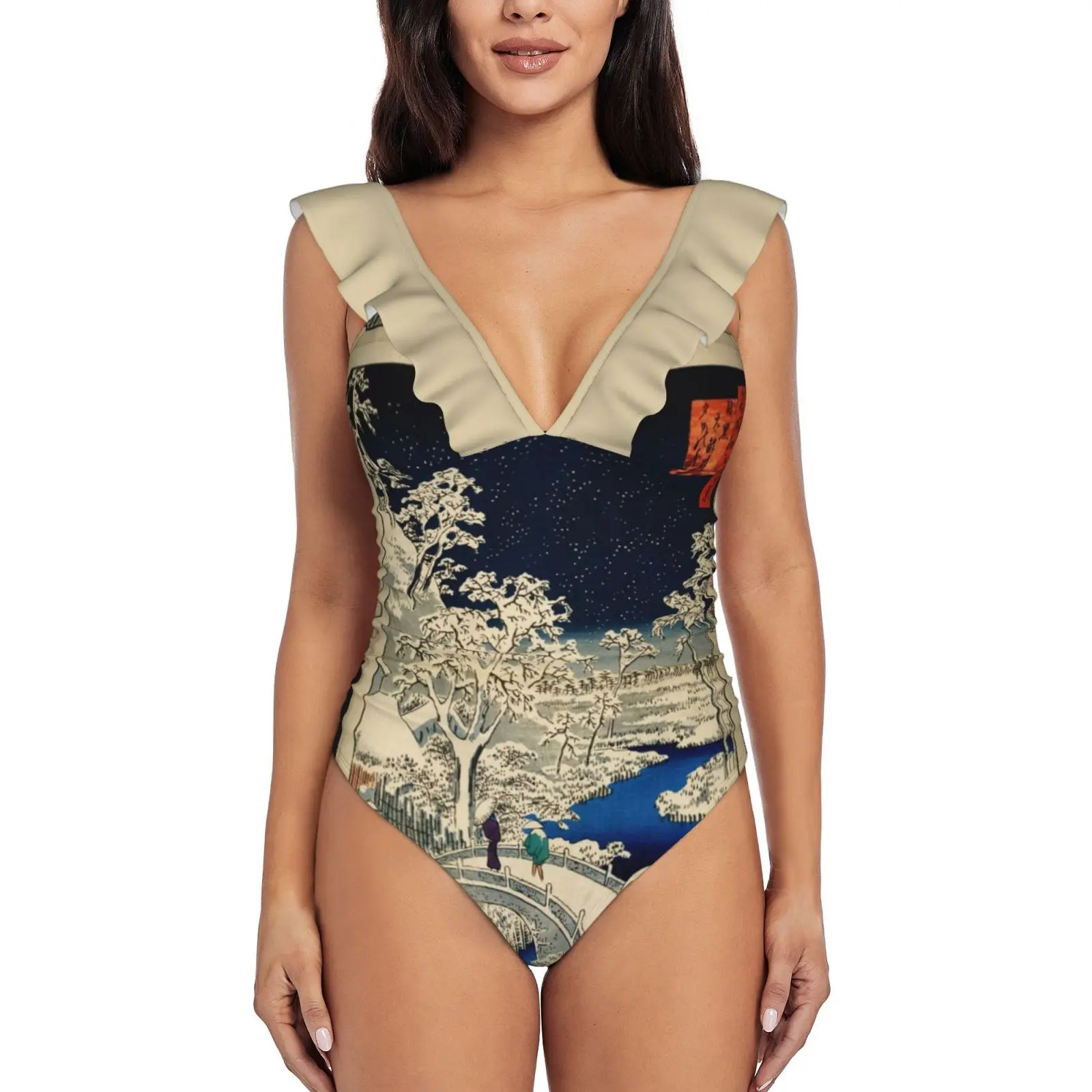 

Ukiyo-E , Ando Hiroshige Yuhi Hill And The Drum Bridge At Women Ruffle One Piece Swimsuit Sexy Bodysuit Monokini Swimwear