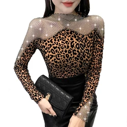 Sexy leopard print T shirt 2026 New Hot drilling Hollow out Tops Fashion Women Mesh bottoming shirt Blusa