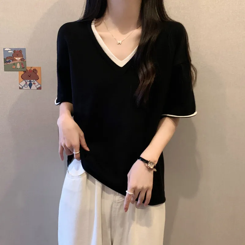 

Simple Design V-Ne ort Sve Ice Silk T-irt Women's Loose Fit Overhead Top Korean Sle Summer Slimming Large Size