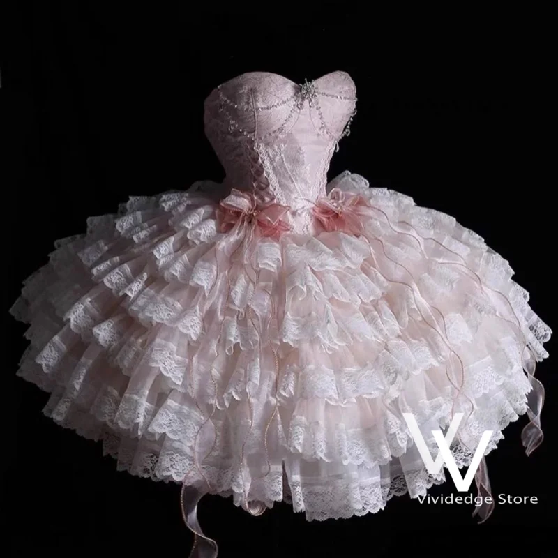 Light Pink Mini Prom Dresses Vintage Victorian Luxury Party Dress Corseted Lace Fluffy Multilayered Evening Gowns Customized