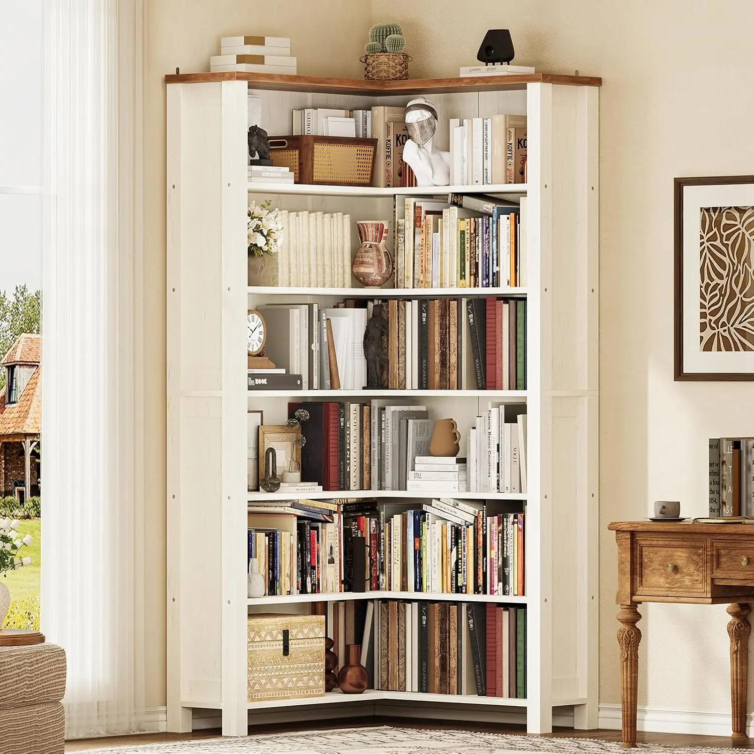 Wood Corner Shelf 6 Tier 75 Inch Tall Floor Standing Display Storage Living Room Kitchen Office White Brown, Customized