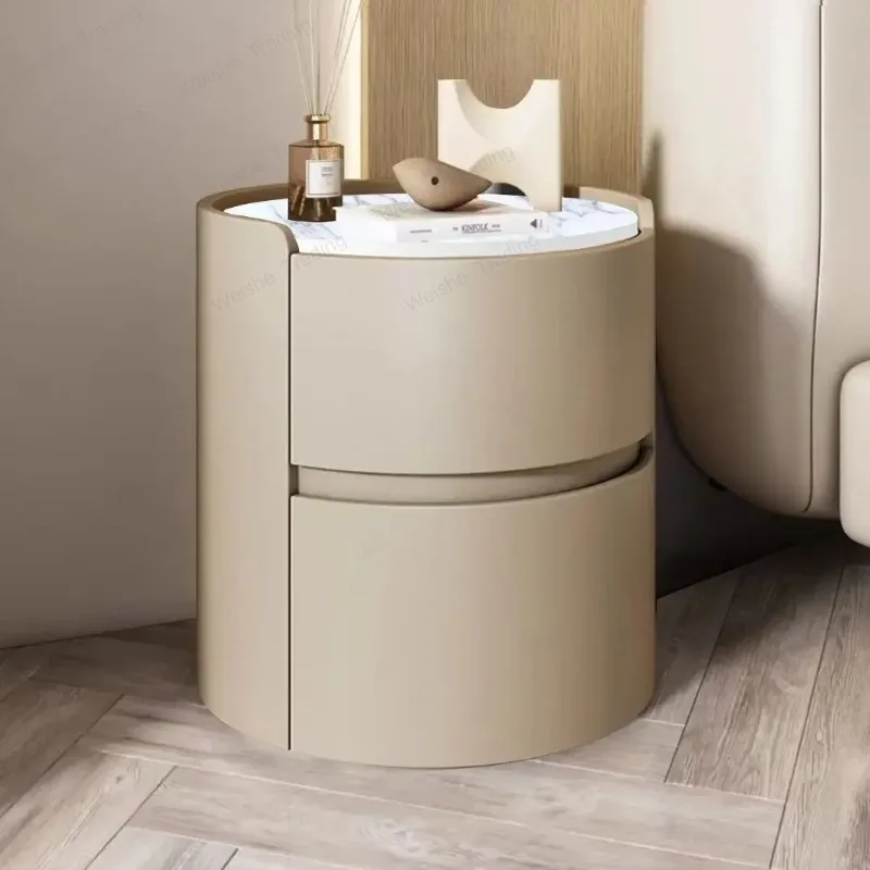 

Round Leather Nightstand, Two-Drawer Bedside Table , Stylish End Table for Bedroom, Living Room